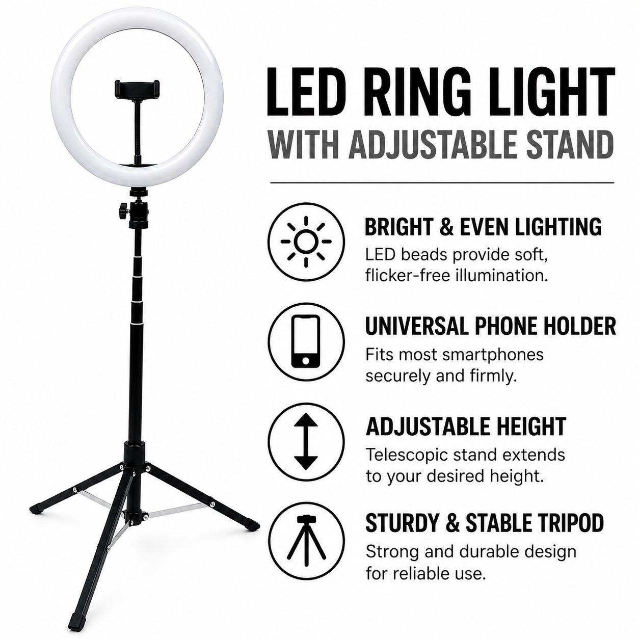 Dimmable LED Ring Light with Adjustable Tripod Stand & Universal Phone Holde