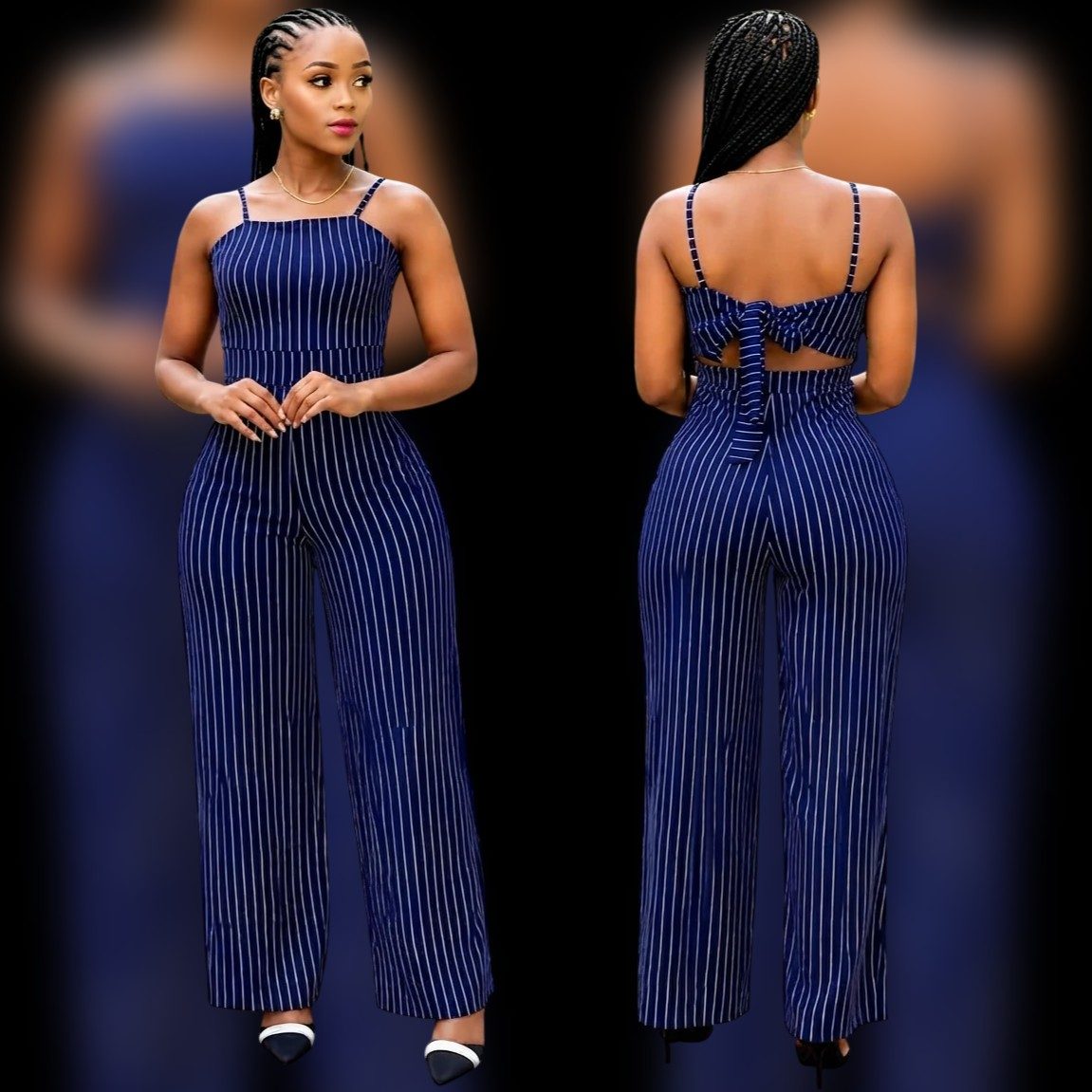 Pinstripe Spaghetti Strap Tie-Back Jumpsuit